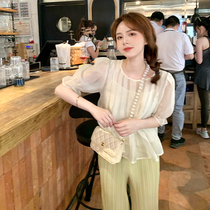  Ashy Snow Jasmine breeze Summer fresh and sweet transparent pearl luster pleated top round neck doll shirt