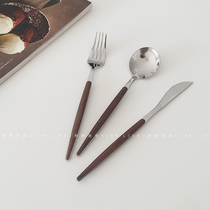 Japanese imitation wooden handle stainless steel knife and fork spoon Western food tableware metal rice spoon Fork West table knife salad fork 8033
