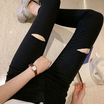 South Korea 2022 Spring and Autumn Hole Beating Bottom Pants Women Casual High Waist Elastic Thin slim fit small foot fashion pencil pants tide