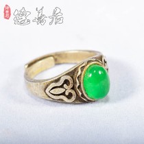 Republic of China old silver ring antique silver inlaid jade interface live mouth silver ring ice type Jade female ring