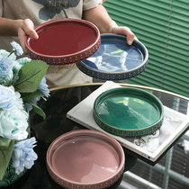 MimiHome outlet flowerpot ceramic tray water tray green plant chassis round base embossed ice-cracked flowerpot holder