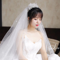 Head yarn headdress Super fairy Moren line puffy Bride wedding wedding Net red photo props pearl accessories champagne color
