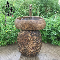 Natural cobblestone column basin outdoor integrated wash basin floor stone column basin balcony garden villa column Basin