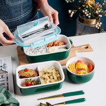 Microwave oven ceramic lunch box Lunch box Multi-grid dark green buckle sealing belt cover class with rice preservation bowl