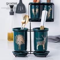 Emerald light luxury ceramic chopstick tube Chopstick basket drain chopstick box Household wall-mounted chopstick cage kitchen storage bucket