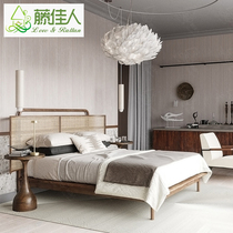 Nordic light luxury rattan bed 1 8m bedroom king bed Bed and breakfast Hotel master bedroom double solid wood bed