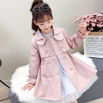 Girls windbreaker 2021 Spring and Autumn New style Net red middle child long double-breasted pearl collar double coat