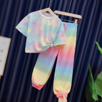 Girl Rainbow Pants Suit 2022 New Summer Clothing Thin Zal Dyeing T Loose Foreign Piste Girl Girl Two Sets Tide