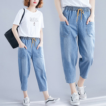 Summer dress large size elastic waist lace-up pants fat mm loose retro old pants seven points jeans thin