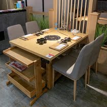 Hot pot shop smoke-free marble hot pot table Induction cooker integrated restaurant commercial solid wood barbecue meat table combination