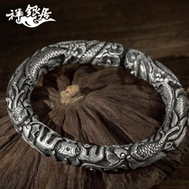 Xiangyinju Yunnan snowflake silver S999 foot silver men sterling silver bracelet Double Dragon style dragon pattern play bead silver bracelet