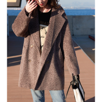 NZ Nordic retro double-breasted suit collar long twill Plaid flower brown alpaca wool coat womens winter