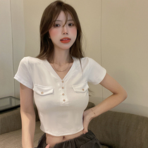 The owner recommends fried chicken beautiful 2021 New Summer V collar base shirt short sleeve slim body knit sweater women