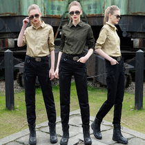 Outdoor military fan suit Womens casual camouflage suit loose and thin military uniform sailor dance team performance green two-piece set