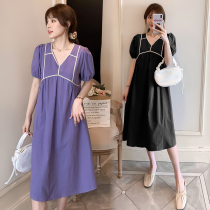 Pregnant womens dress loose plus size 200 kg medium-length V-neck cotton and linen belt fashion summer Korean version of the tide mother