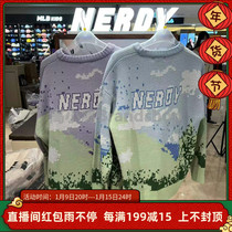 Korean Nerdy2022 spring new men and women with oversize blue sky grass color knit round neck sweater