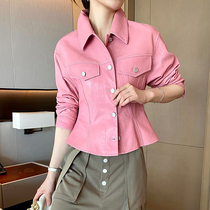 JUNUIO original design imported semi-vegetable sheep skin leather female short fashion locomotive jacket coat