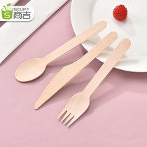 Shang Ji wooden tableware knife and fork disposable spoon Wooden Spoon soup spoon Western food dessert knife long handle spoon Fork 100