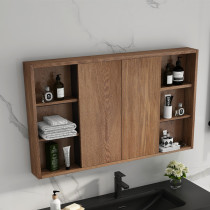 Nordic solid wood bathroom mirror cabinet Modern simple bathroom mirror box with light Toilet wall-mounted mirror with shelf