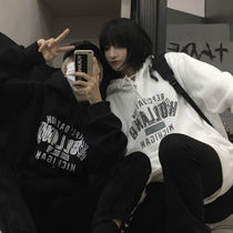 2021 autumn and winter New Korean version of ins Harajuku wind couple retro letters loose plus velvet hooded sweater men and women tide