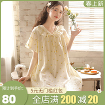 New Sleeping Skirt Woman Summer Short Sleeve Han Edition Pure Cotton Cotton Cloth Big Code Half Sleeve Sweet Girl Full Cotton Crushed Flowers Middle Skirt