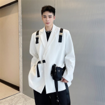 Net red design sense buckle suit mens ruffian handsome Korean version loose show jacket casual suit ins trend