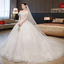 French main wedding dress 2021 bride new one word shoulder temperament senior sense light luxury palace style Princess big tail
