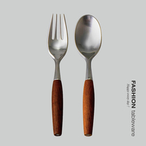 Korean 304 stainless steel spoon wooden handle home eating adult creative personality Japanese fork dessert spoon