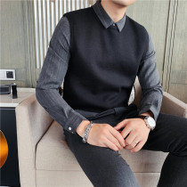 Striped shirt collar wool sweater mens cashmere fake two knitwear autumn and winter Korean Slim Plus velvet Tide brand