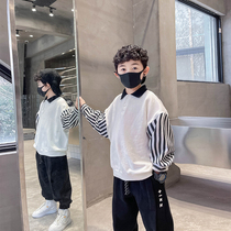 Childrens spring dress splice striped sleeves Weater 2022 new boy Han version Ocean Shirt Collar Blouses Big Boy Tide