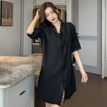 Night dress female summer ice silk thin net red mid-length shirt dress sexy lace large size short-sleeved pajamas home service