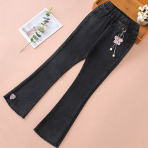 Girl Horn Pants Spring Autumn Style Foreign Air Trendy 2022 New Black Denim Children Female Midsize Elastic Long Pants