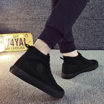 2022 New Black Canvas Shoes Man High Bunch Shoes Trend All Black Cloth Shoes High State Pure Black Jobs Work Shoes