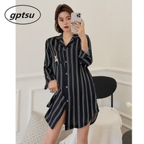 Star with the same milk dog shirt-style night dress sexy summer thin section loose long-sleeved spring and autumn ice silk pajamas home clothes
