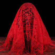 Marisuism * Bride red hijab Summer red veil Xiuhe wedding Chinese vintage rose tassel edge