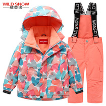 Childrens ski suit Girl boy one-piece outdoor thickened waterproof ski coat pants set snow country ski equipment