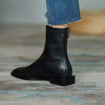 Autumn 2021 new black square heel boots women leather and ankle boots square head soft leather flat skinny shoes women winter