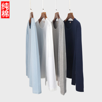 Mens cotton pajamas single top winter long sleeves T-shirt thin round neck plus size home wear spring and autumn cotton home wear