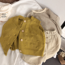  Self-reserved color texture small high-end~Korean childrens cotton and linen striped shirt top loose knitted horse clip tide