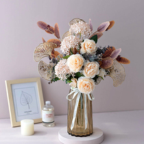 Nordic simulation champagne gold silk fake flower flower living room decoration ornaments bouquet dining table transparent glass vase set