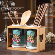 Creative pastoral style chopsticks tube vertical chopsticks cage ceramic drain anti-mold household wooden frame chopsticks kitchen shelf