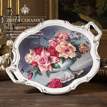 Classical rose pastoral ceramic teacup tray European home decoration storage tray creative fruit tray