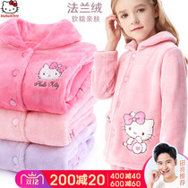 Hello Kitty Girls Pajamas Flannel Set Coral Velvet Girls Autumn and Winter Plus Velvet Big Children Thickened Childrens Home Clothes