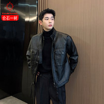 Cangshi Yishi Black Locomotive Leather Men Short 2021 Spring and Autumn Korean Fashion Handsome Slim Leather Jacket