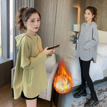 Pregnant women autumn and winter set out fashion loose hooded top plus velvet padded sweater jacket pants two-piece set