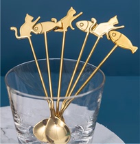 Stainless steel ice cream dessert spoon Fruit fork Cute cartoon cat fish coffee milk stirring cat fish spoon