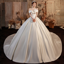 Word shoulder satin French light main wedding dress 2021 new bridal temperament simple high-end trailing out of the yarn