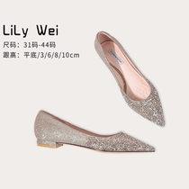 Lily Wei Champagne Golden Gradient Flat Bottom Single Shoe Woman Big Code 41 1 43 Pregnant Woman Wedding Shoes Pointy Temperament Elegance
