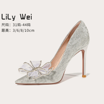 lilywei big code style high heel shoes 41-43 wedding shoes fine heel pointed small code bridal shoes butterfly knot shoes autumn