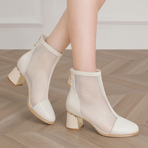 Summer-style coarse heel high heel shoes spring-style summer hollowed-out mesh yarn short boots 2022 New genuine leather tennis boots Summer womens shoes
